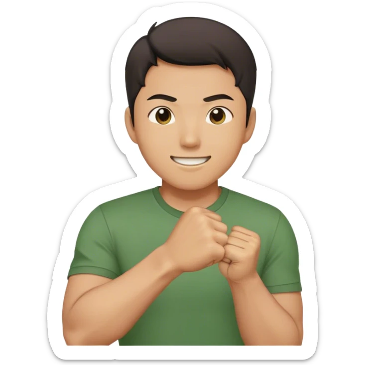 A determined Korean man in a green shirt, clenching his right fist with a confident & smile expression. Emoji-style digital illustration sticker