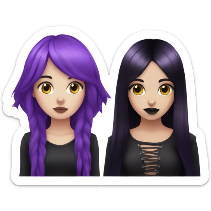 goth girl with purple hair and goth girl with black hair holding hands  sticker