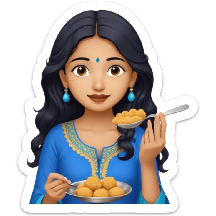 a pretty tan indian bratz girl with wavy long BLACK hair. eyeliner on, wearing a blue kurti, eating golgappa (without spoon) sticker