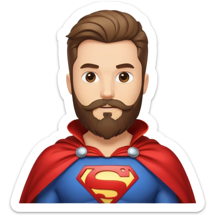 superhero with beard-themed costume, cape that looks like flowing beard hair, beard emblem on chest sticker