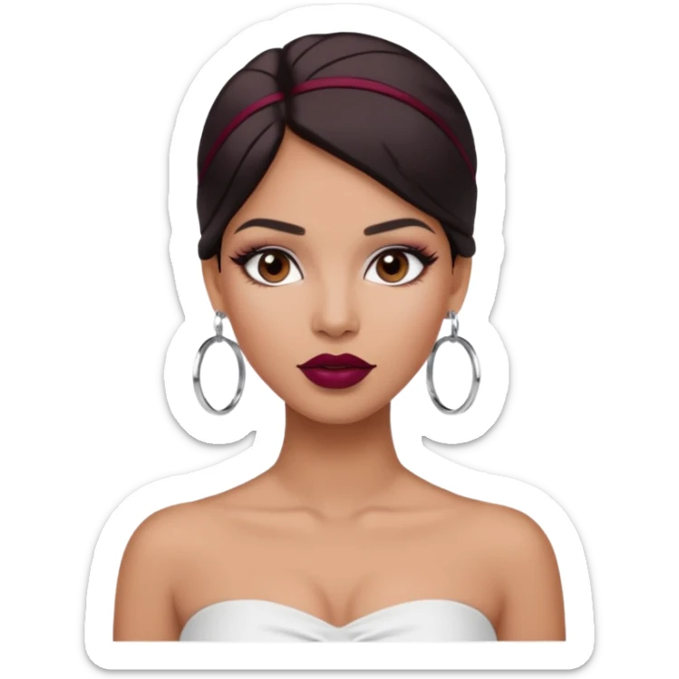 latina makeup olsun, saçları düz, halka küpeler taksın. takıların hepsi gümüş rengi olsun halka küpeler ve kolye dahil. makyajı ağır olsun ve beyaz bir Bandeau top kıyafet giyisin dudakları bordo olsun sticker