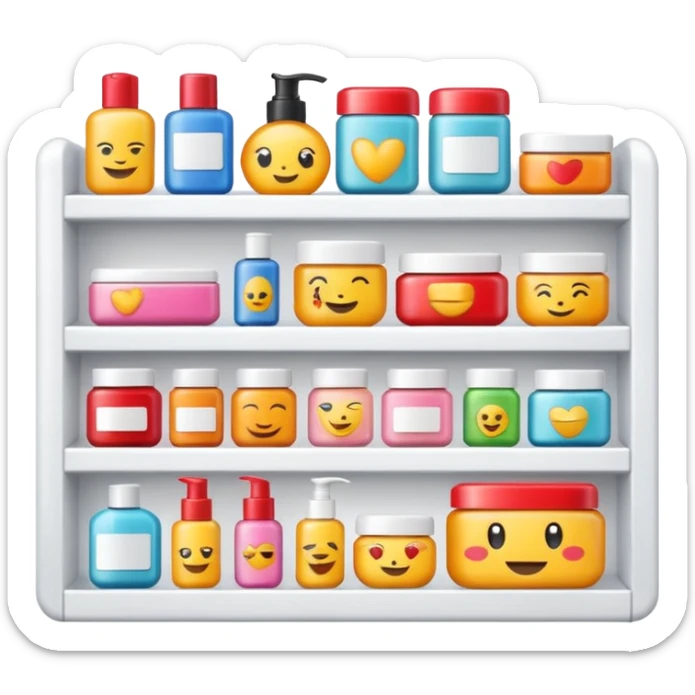 emoji of front view beauty product shelf with last item with brand label sticker