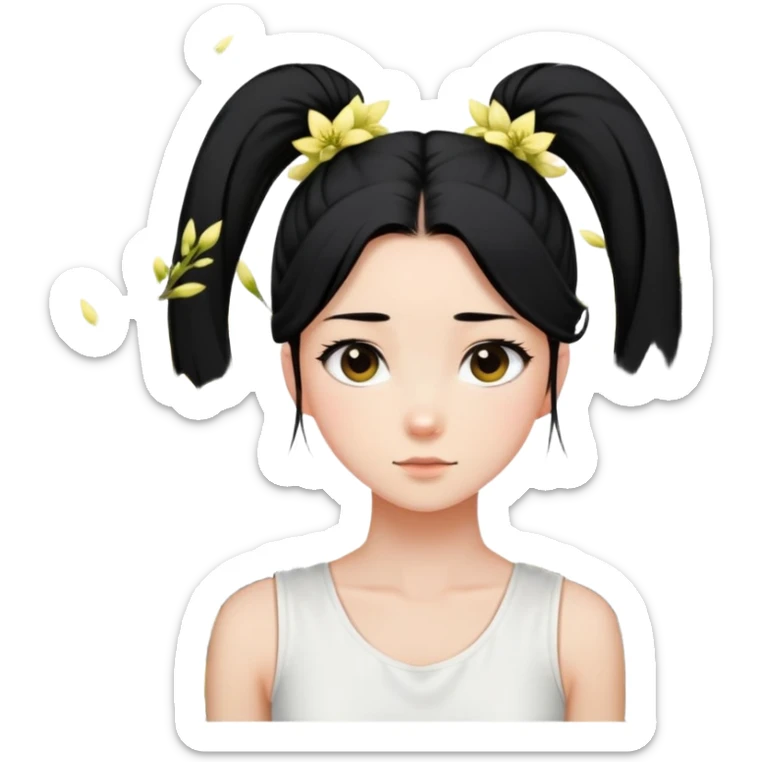 A girl with a high ponytail, a black hair tie, and a sleeveless white top, surrounded by blooming forsythias. sticker