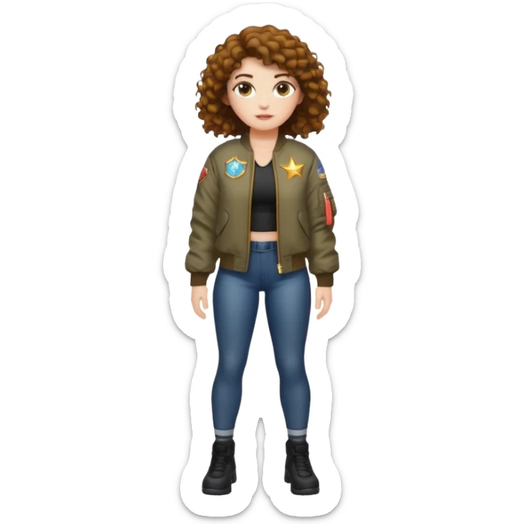 full body woman short curly brown mullet brown eyes white skin muscular build firefly bomber jacket sticker