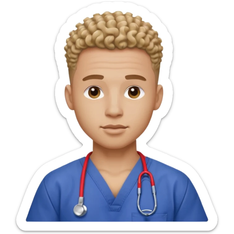 Ripped, athletic man with thick neck, high top fade with no part, curly hair only top only, no shirt and show waistline up add scrubs sticker