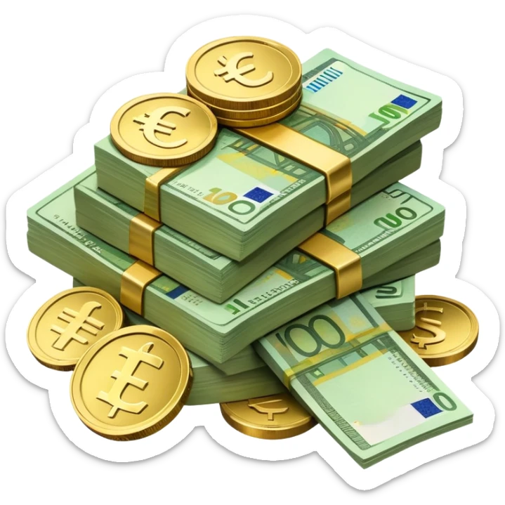 side view of a pile of euro coins and euro bank notes sticker