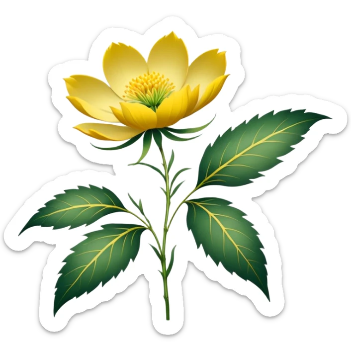 Japanese style Fukujuso (Adonis amurensis) flower in ukiyo-e inspired design, bright golden-yellow petals, green feathery leaves, traditional composition on subtle rice paper texture sticker