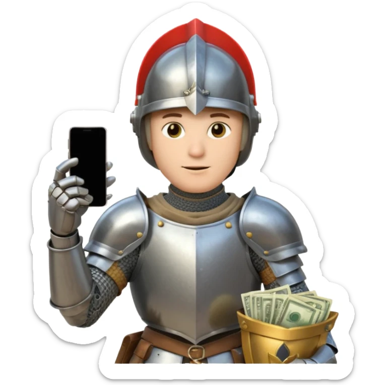 Knight with helmet holding phone and money neutral skin colour sticker