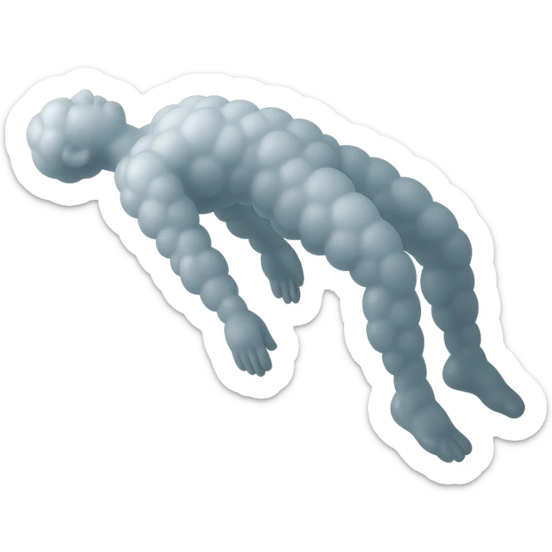 side view unconscious person flying with torso upwards, arms and legs downwards, made of small convex white clouds, matte glass style sticker
