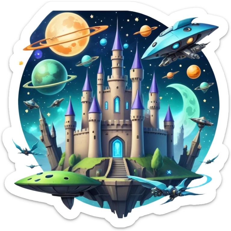 Icon for Fantasy and Sci-Fi Movies: A magical collage with flying dragons. futuristic spaceships and UFOs. Stars and planets shimmer in the background with a mystical castle Hogvards an ancient wizard and robots. The atmosphere is epic, otherworldly and adventurous. Transparent background. sticker