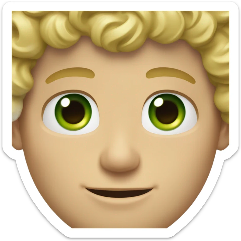 Blonde man with curly hair and green eyes and a square ja sticker