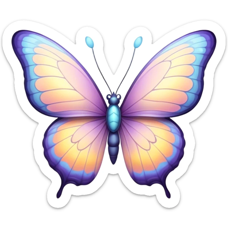 Beautiful and Majestic Butterfly Portrait Emoji, Head and body rendered in serene repose with a gentle, content smile, showcasing a delicately patterned form with softly shimmering wings and eyes peacefully closed in tranquil repose, Simplified yet exquisitely endearing features, highly detailed, glowing with a soft, drowsy pastel light, high shine, relaxed and utterly noble, stylized with an air of timeless natural beauty, soft glowing outline, capturing the essence of a majestic butterfly that embodies the pure enchantment of nature! sticker