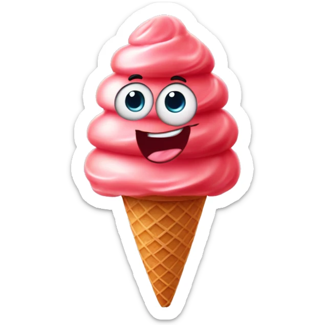a rscoop of strawberry gelato on a sugar cone with an animated eyes and smiling mouthund  sticker