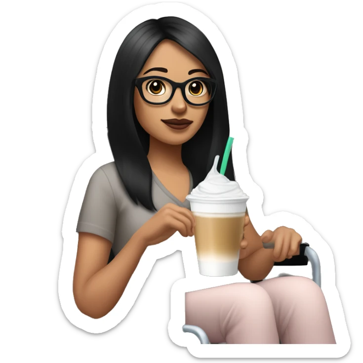 A young woman with straight black hair, light skin, and dark brown eyes sits in a black wheelchair. She has a light pink hearing aid, large black glasses, and a small mole by her right lip. Holding an iced coffee, she exudes a calm, stylish vibe. sticker