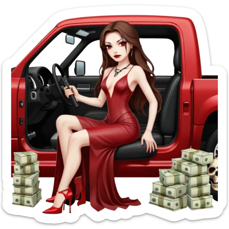 Lilith symbol red eye seductress evil long brown haired sexy succubus woman with leather long dress with slit on, sitting in Big Large F350 pickup truck. Platform long high heels on feet. Back seat full of stacks of cash, she is  Holding a human skull of her enemies and a gun in other hand sticker