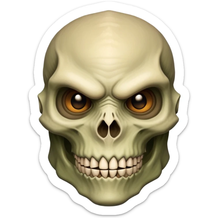 The face of a monstrous, reptilian human fighter with protruding skull and light-brown skin sticker