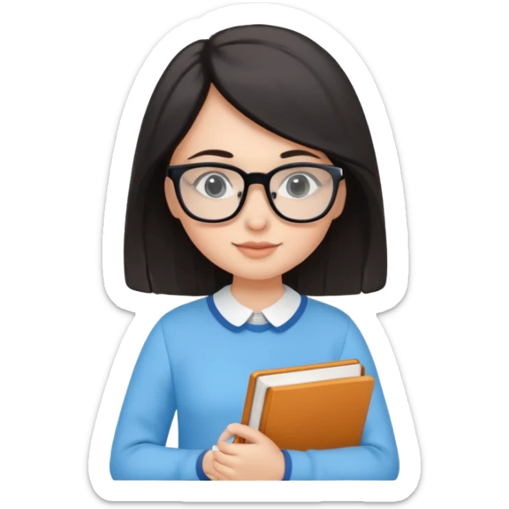 cute girl, glass, smart, Sky-blue colored clothing,
holding a book in one arm and a pen in the other hand.Holding a pen in the right hand as if teaching.Wearing black glasses, with a smart and bright-looking face. sticker