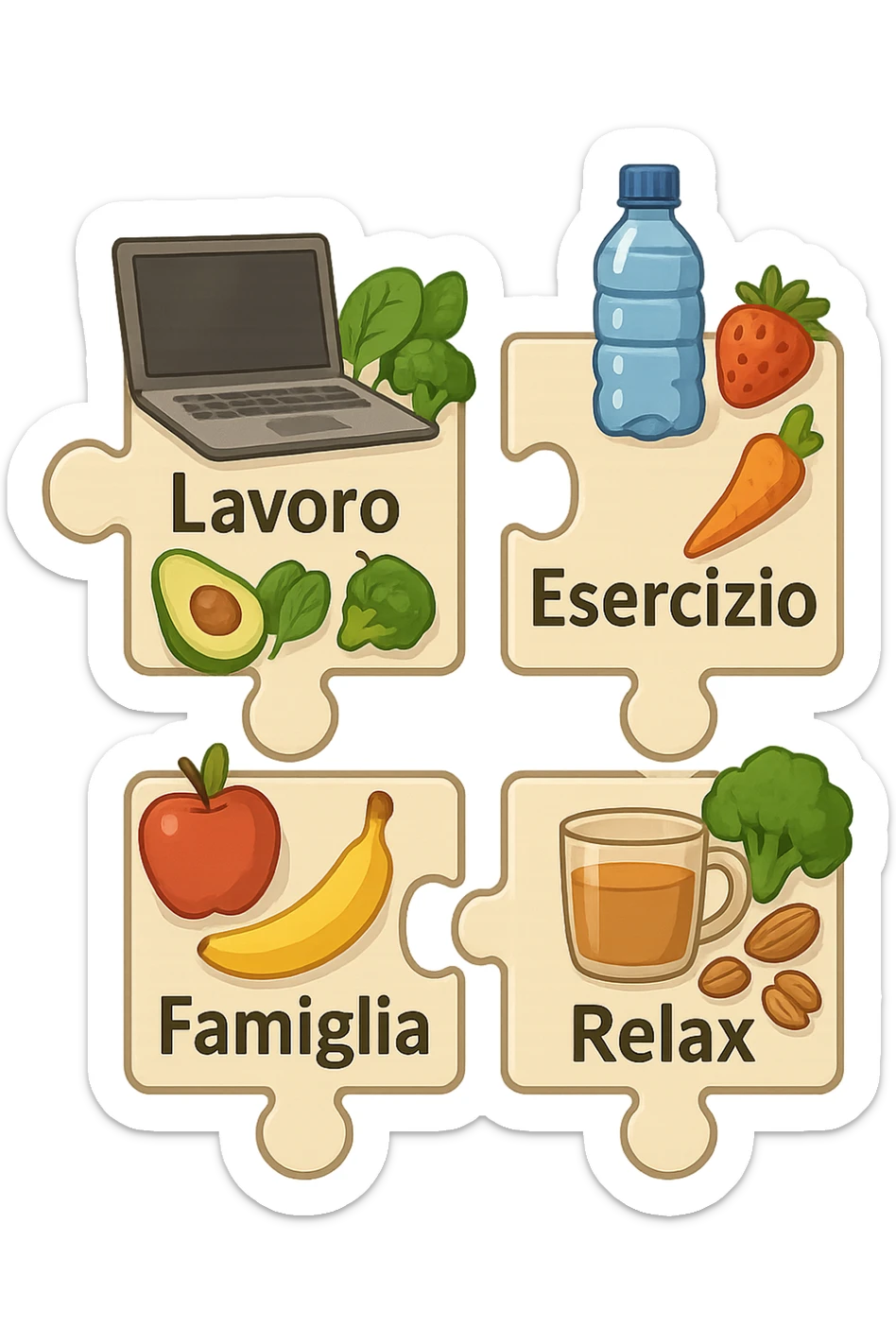 Puzzle (Lavoro, Esercizio, Famiglia, Relax), and healthy foods are integrated into each piece. in italiano sticker