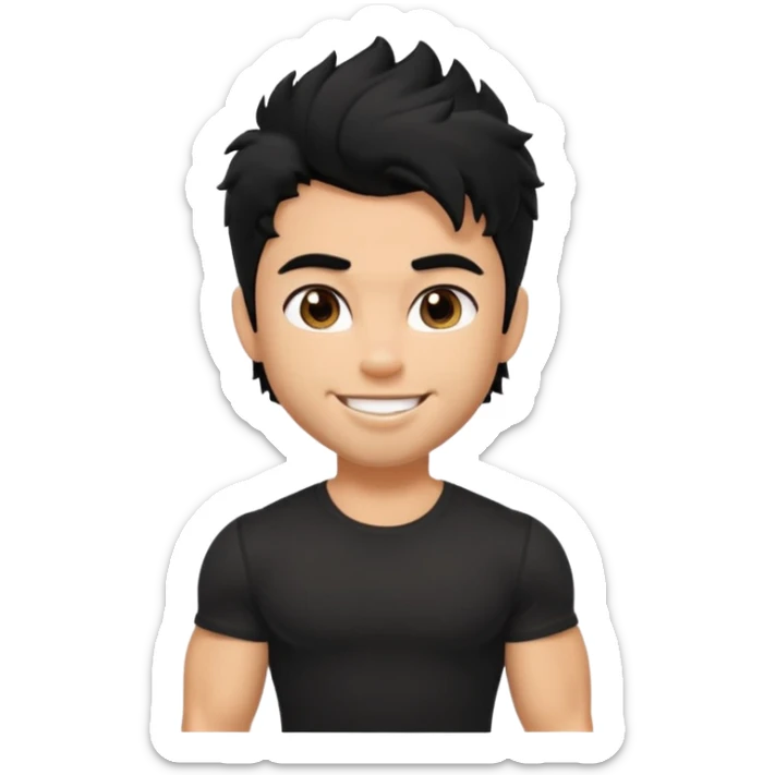 a pretty bratz guy with black hair with big muscles and shaggy hair in a tight black tee sticker