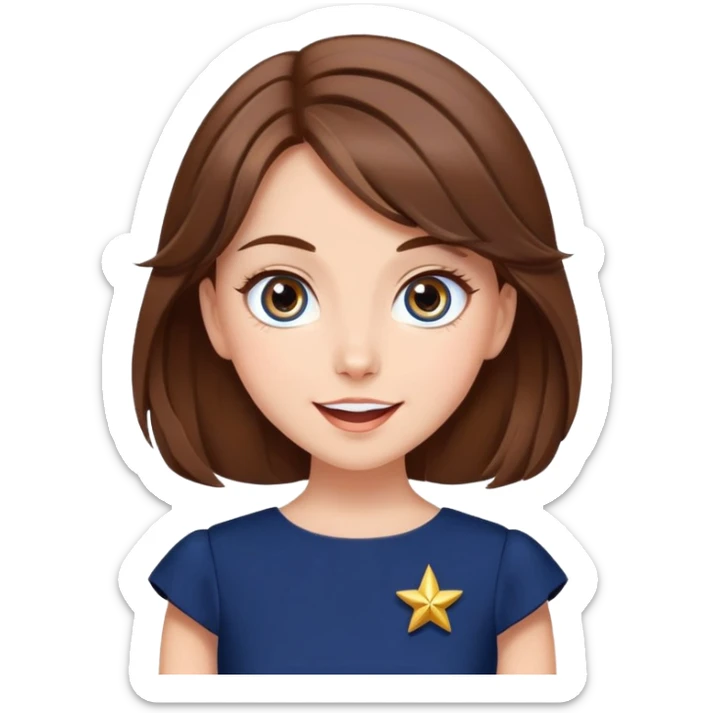 Beautiful Girl with brown hair super excited star eyes elegant cartoon style navy blue  sticker
