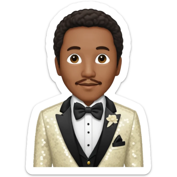 Smokey Robinson with long dark brown hair and short mustache, ivory sequin suit with bow tie  sticker