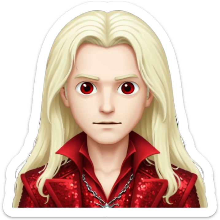 Alucard, Son of Dracula with long platinum blonde hair, dark red sequin outfit  sticker