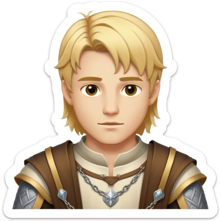 Medieval summer outfit worn by a DnD themed fantasy male character. Character has golden blonde hair cut in an even, symmetrical style that falls precisely to the jawline, with a perfectly centered part and identical lengths on both sides. sticker