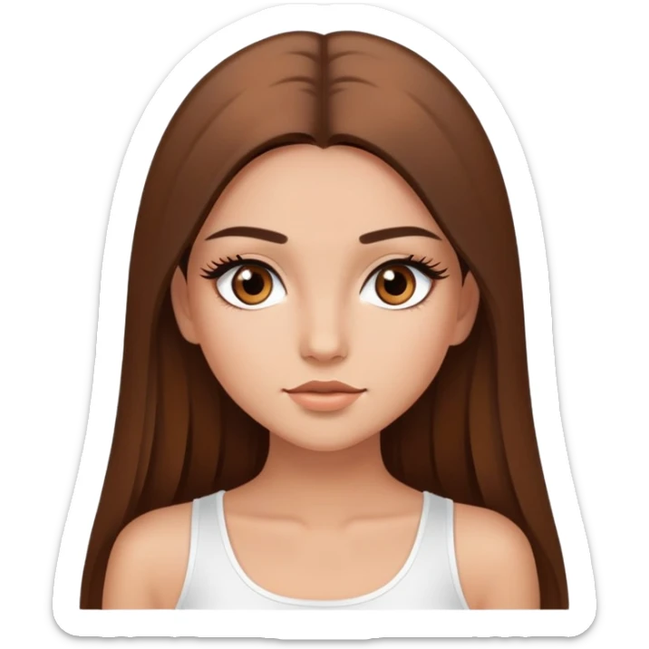 beautiful girl, long straight brown hair, brown eyes with lashes, wearing a white crop top, tan skin sticker