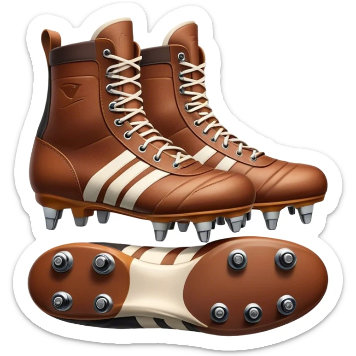Cinematic Realistic image of a pair of rugby boots, showcasing sturdy leather construction, detailed cleat patterns and textured surfaces, illuminated by vibrant outdoor lighting that captures their athletic purpose sticker