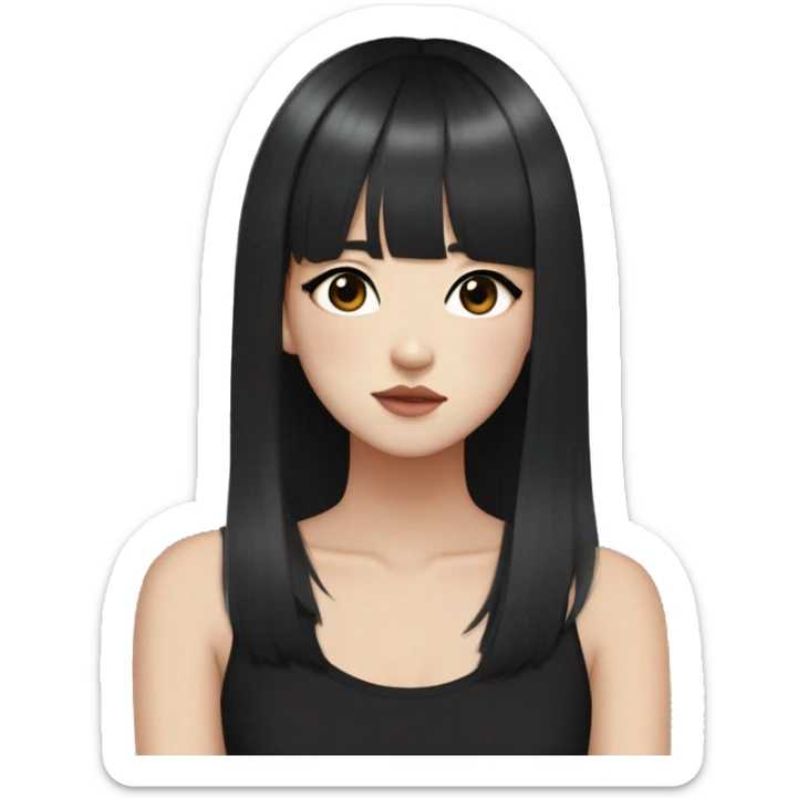 Korean girl, black tank top, black hair, black eyes, layered hair, cool girl, aesthetic, long hair, hime cut, blunt bangs, small silver hoop earrings sticker