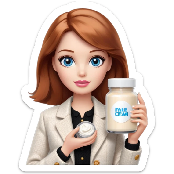 A Barbie girl with blue eyes, shoulder-length reddish-brown hair, made-up, in a white tweed jacket and black skirt, holding a jar of pale beige face cream sticker
