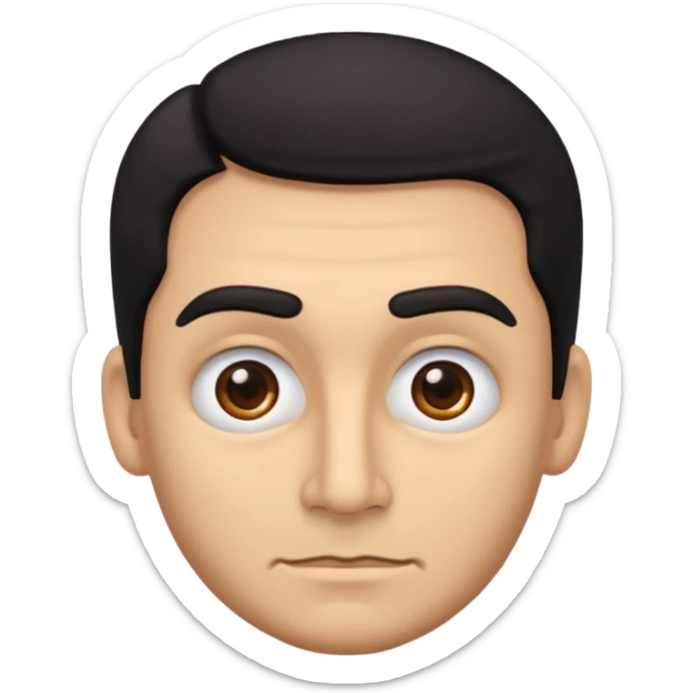 emoji a medio cuerpo hasta la cintura, hombros anchos, de un hombre, con cejas gruesas inclinadas hacia abajo, nariz medio grande, hombros anchos, sin sonrisa, hombros anchos, cabello medio ondulado con un corte juvenil, cabello negro. ojos negros. sticker