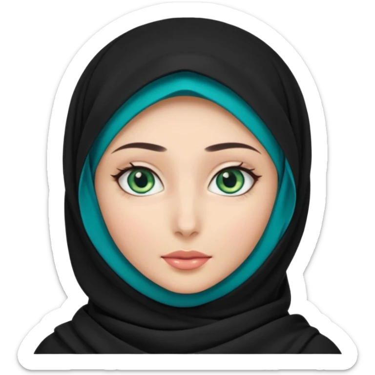 a girl wearing a black hijab and has green and blue eyes with another model of a hijab like a hijab but it's showing the neck sticker