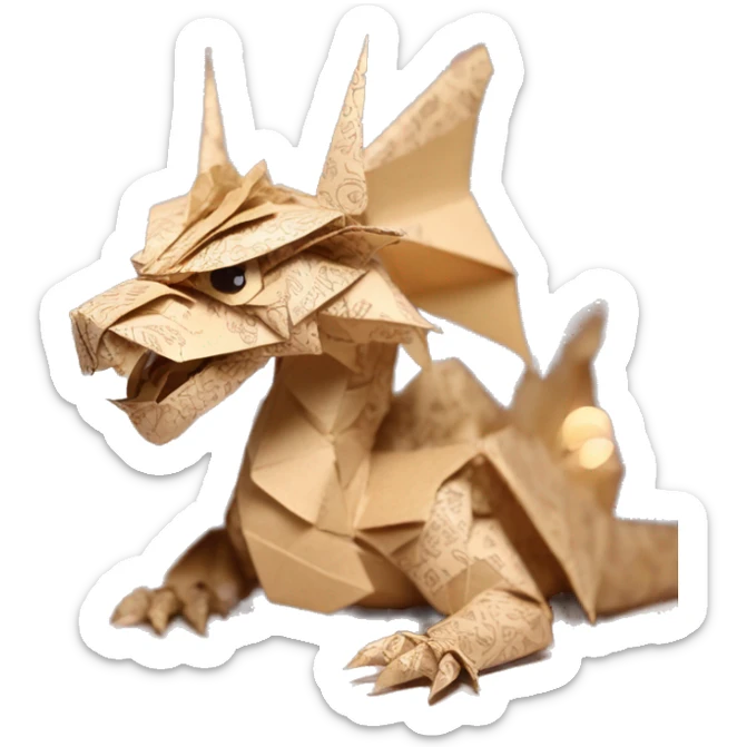 Sparkling patterned Beige Origami dragon with a dried flower crown made of newspapers intricate patterns surrounded by fairy lights sticker
