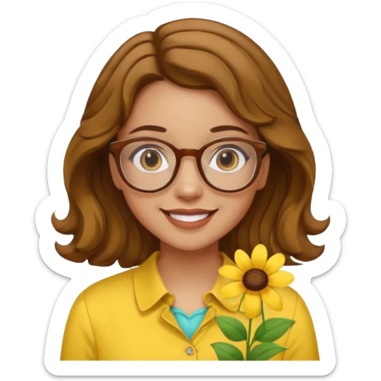 girl with a yellow blouse with flowers, with hair in waves with glasses smiling sticker