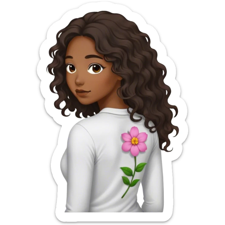 27 years old woman black long waivy hair dress in  back long sleeve shirt with tiny detailed with flower sticker