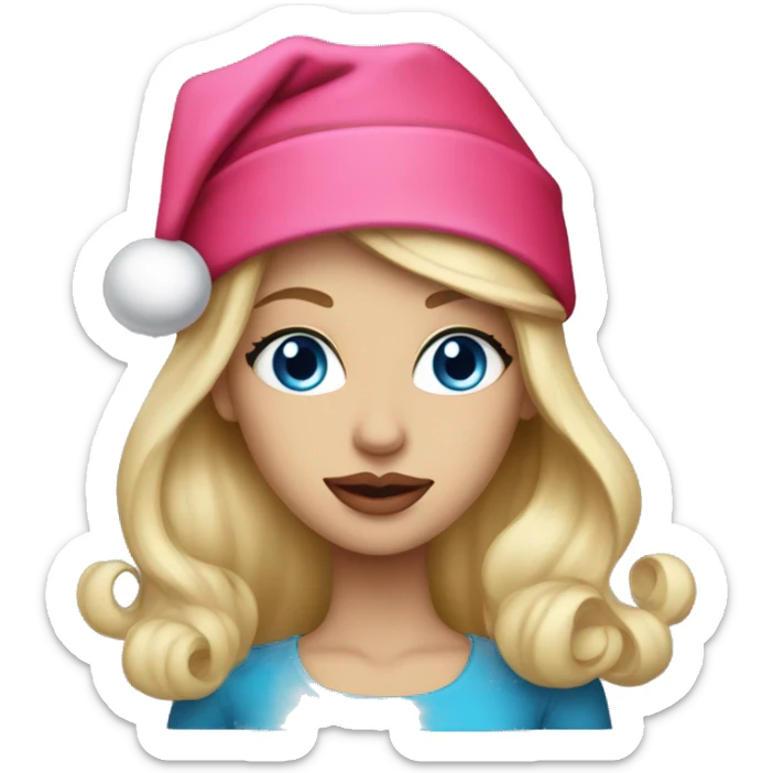 Beautiful blonde blue eyed woman, pink lips, wearing red santa hat sticker