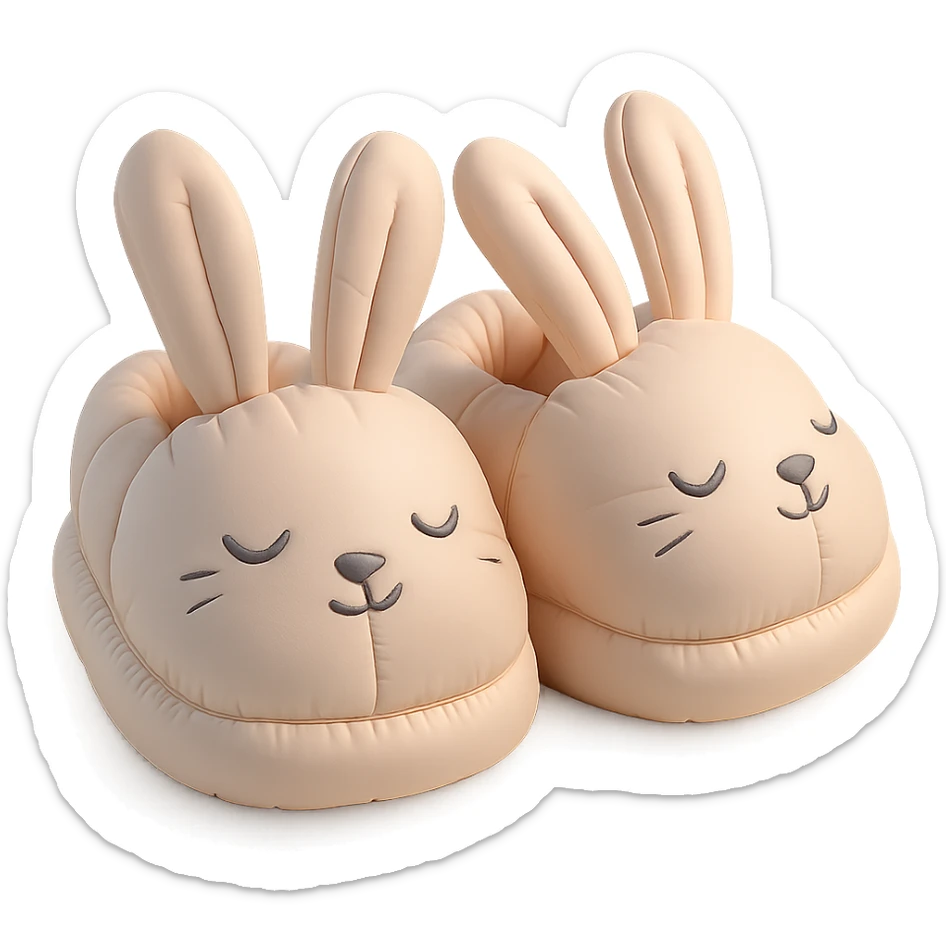 pair of bunny slippers with floppy ears and embroidered eyes, cozy and rounded, pastel palette, cushion style sticker