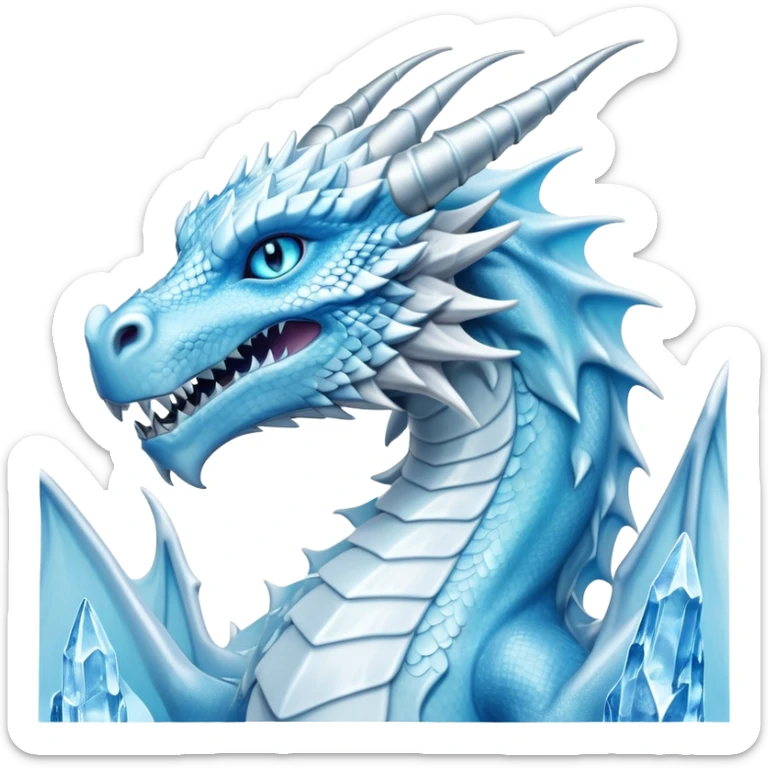 Cinematic Noble wise elegant Ice Dragon full body  Emoji, Poised and imposing, distinct long elegant snout, with a slender, scaled body shimmering in glacial hues of icy blue, frostbitten silver, and crystalline white, breathing out frost, with piercing, glowing ice blue white eyes that radiate the chilling depths of an arctic storm; rendered in detail. excuding wisdom sticker