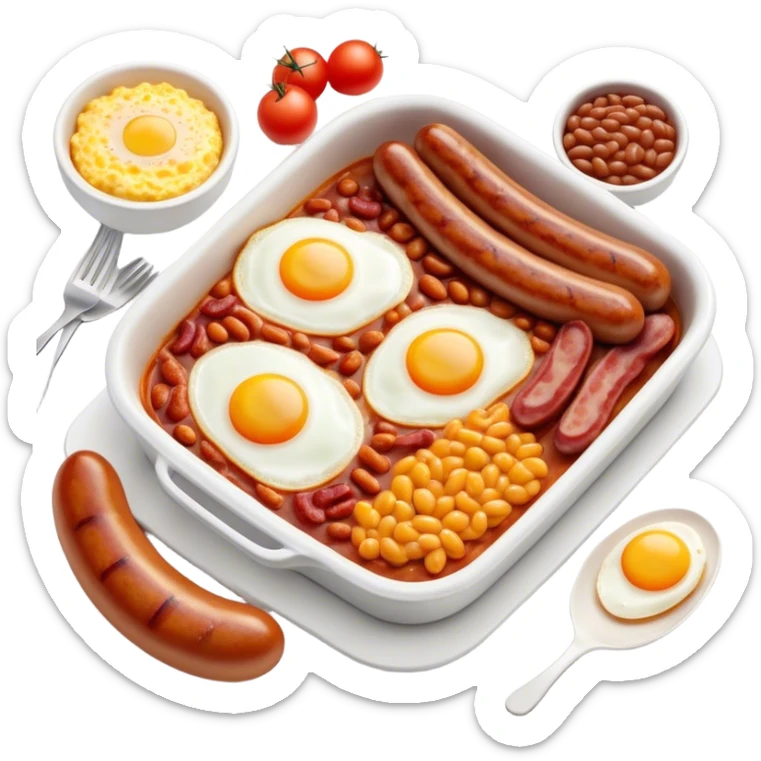 Cinematic Realistic English Breakfast Dish Emoji, showcasing a hearty ensemble of eggs, bacon, sausages, baked beans, and grilled tomatoes rendered with lifelike texture and vibrant, appetizing detail that exudes comforting tradition. sticker