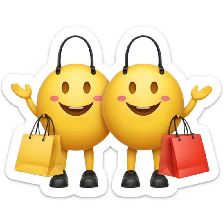 2 HAPPY SMILEY FACE EMOJI WITH HANDS AND FEET WITH SHOPPING BAGS IN EACH HAND sticker