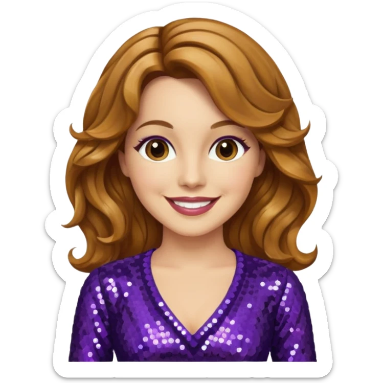 Lee Purcell with medium golden brown wavy hair, dark purple sequin outfit sticker