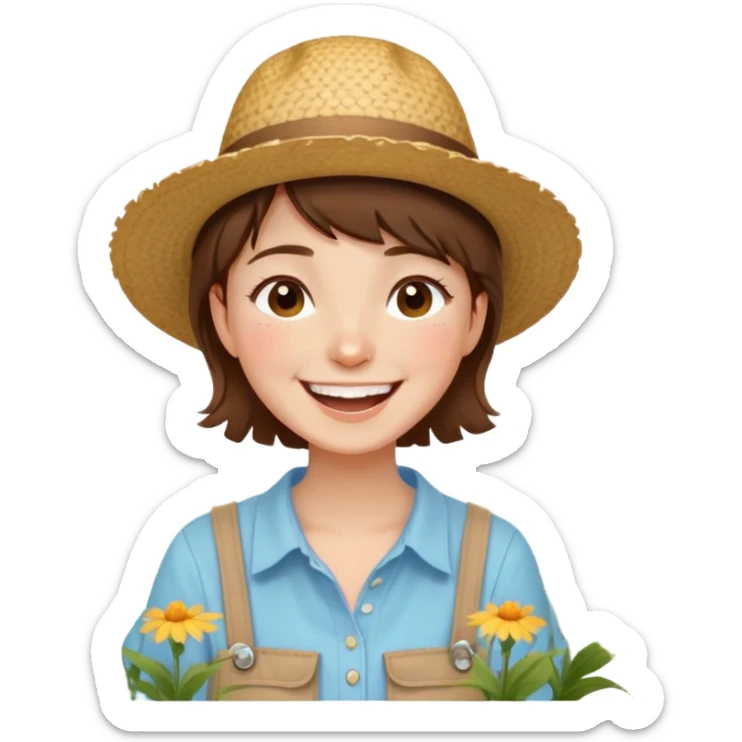 A girl with short hair, wearing a straw hat decorated with wildflowers, and a light blue shirt, laughing brightly. sticker