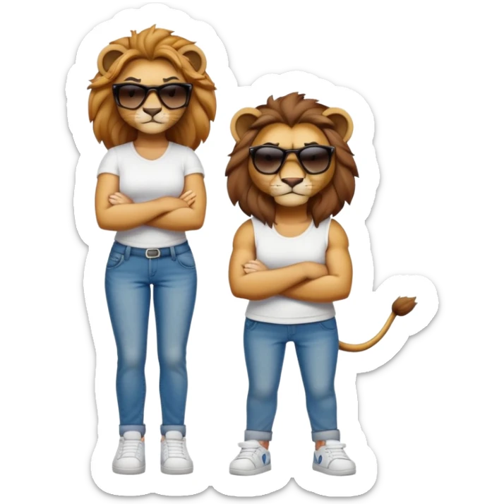 female lion character, full body, standing with arms crossed, wearing jeans, white t-shirt, trainers, dark sunglasses, strong and determined look sticker
