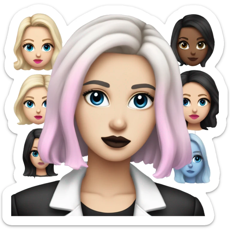 Slavic adult woman, goth eyes makeup, pink lips, blue eyes, medium bob black-to-blonde ombre wavy hair, white T-shirt and black office jacket. sticker
