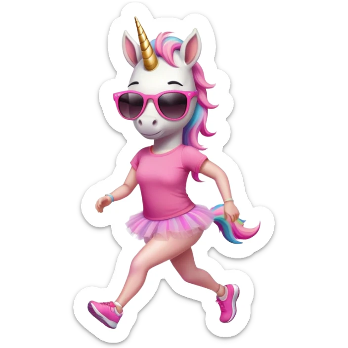 friendly anthropomorphised female unicorn in tutu and pink t-shirt, wearing dark sunglasses, jogging upright in relaxed pose sticker