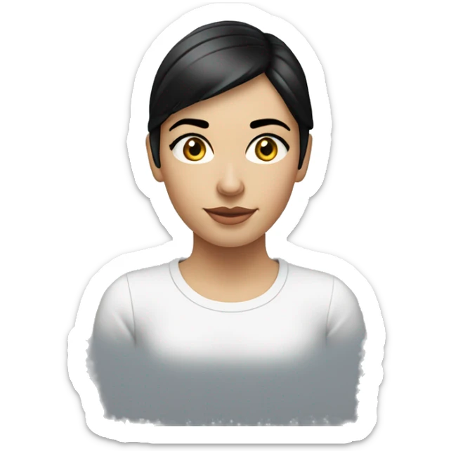 A head and shoulders shot of a 20 year old caucasian woman with short black hair wearing a tshirt. sticker
