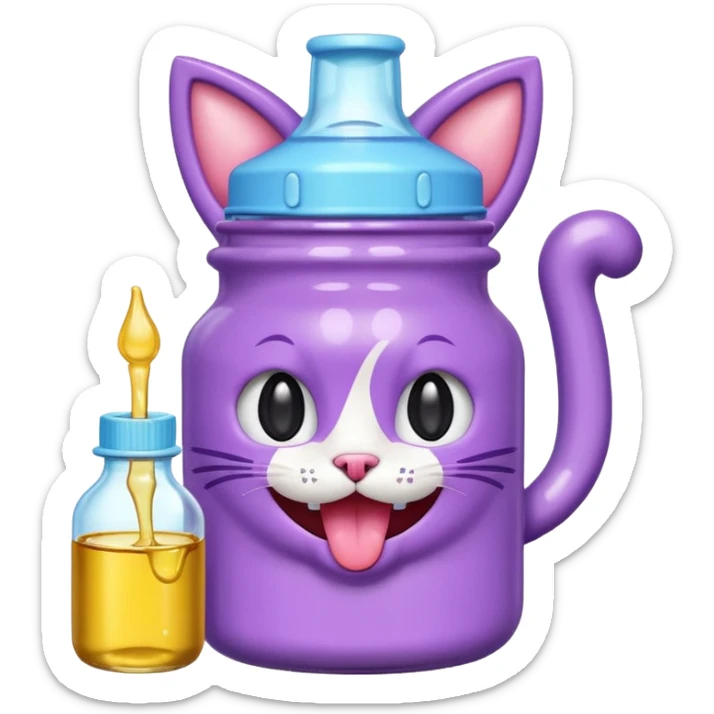 Smiling bottle of oil light purple top and light blue sticking tongue out and with cat ears sticker