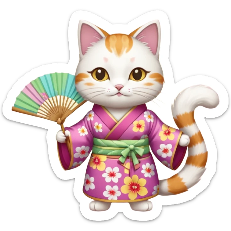 A cat in kimono-style outfit, opening a floral fan with gentle poise. sticker