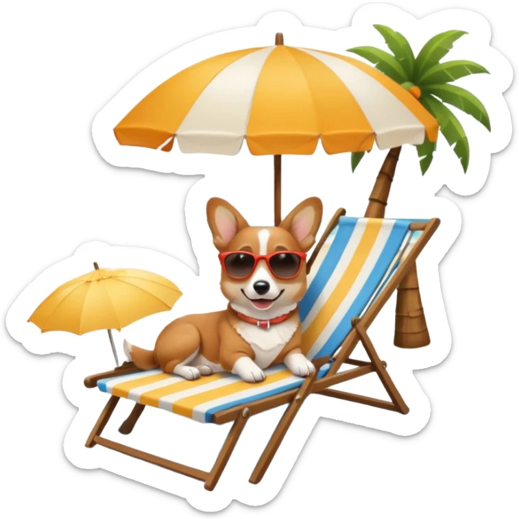 a corgi dog laied on a beach chair, a sunny beach, a sun umbrella, and beach coconut trees. the icon should capture the essence of a relaxing beach vacation with a carefree atmosphere sticker